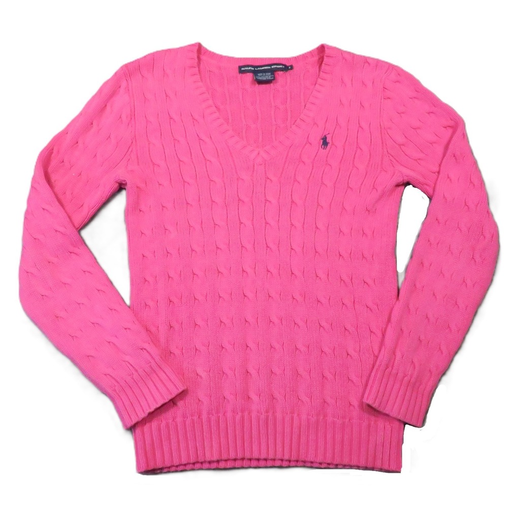 Ralph Lauren Sport Cable Knit V-Neck Sweater Size M Hot Pink Pullover Preppy Y2k